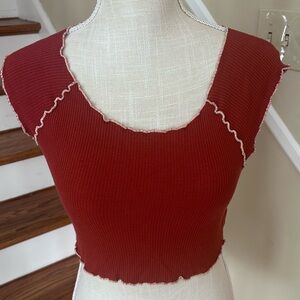 Free People Intimately XS Rust Waffle Knit Crop Top Lettuce Hem Boho Festival